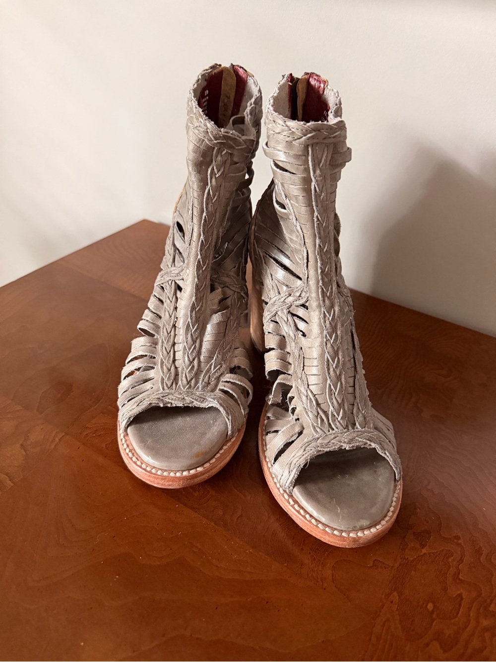 NWOT Freebird Bela Woven Leather Open-Toe Ankle Boot in Taupe